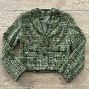Express Green Plaid Cropped Blazer Lady Jacket w 2 front pockets & Lined sz 12